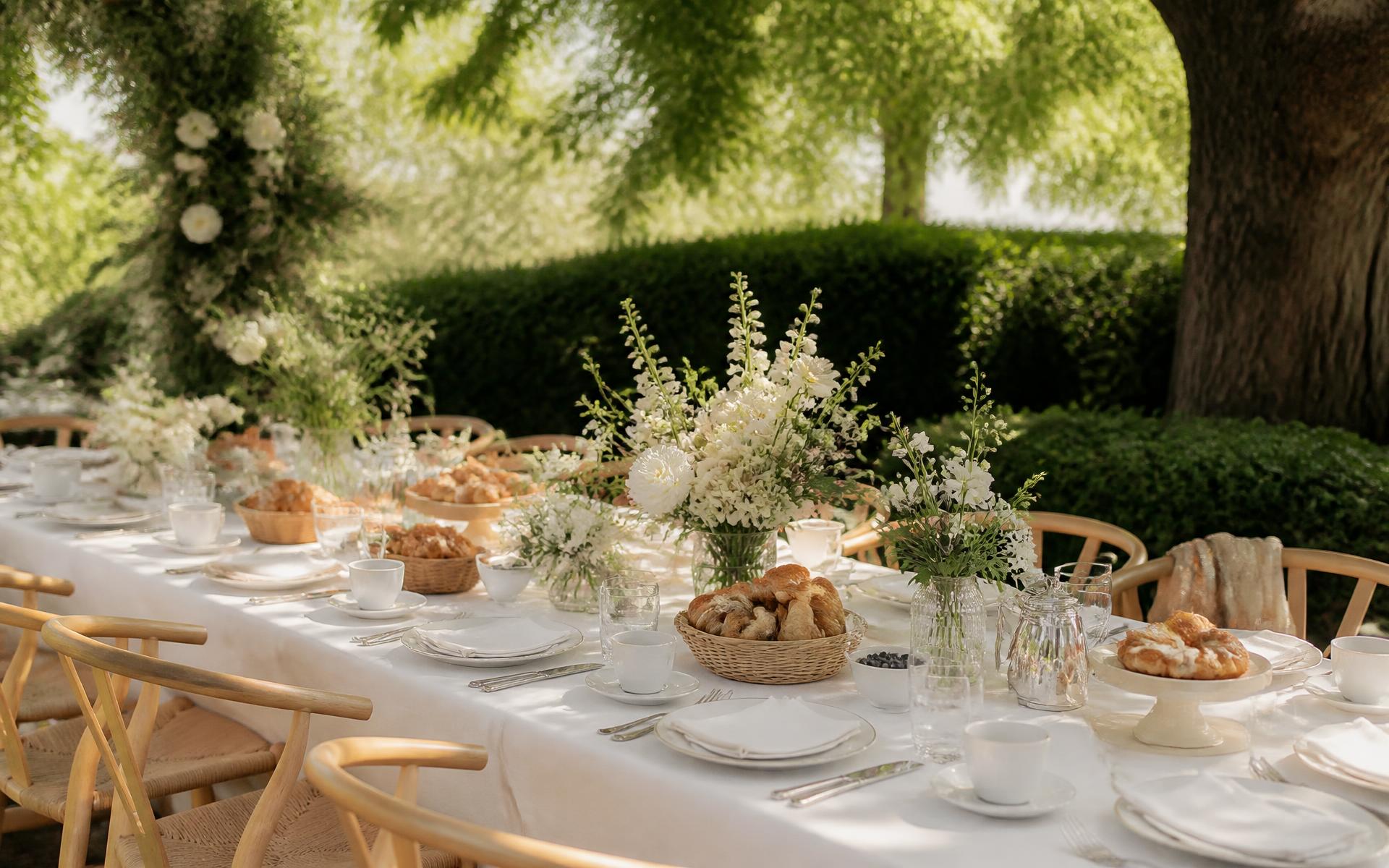 Masă elegantă de brunch sub copaci, în dimineața de după nuntă